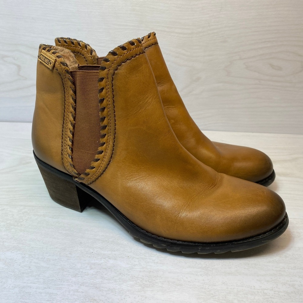 Pikolinos Womens Size 7 38 Ankle Boots Andorra Tan Leather Whipstitch Block Heel
